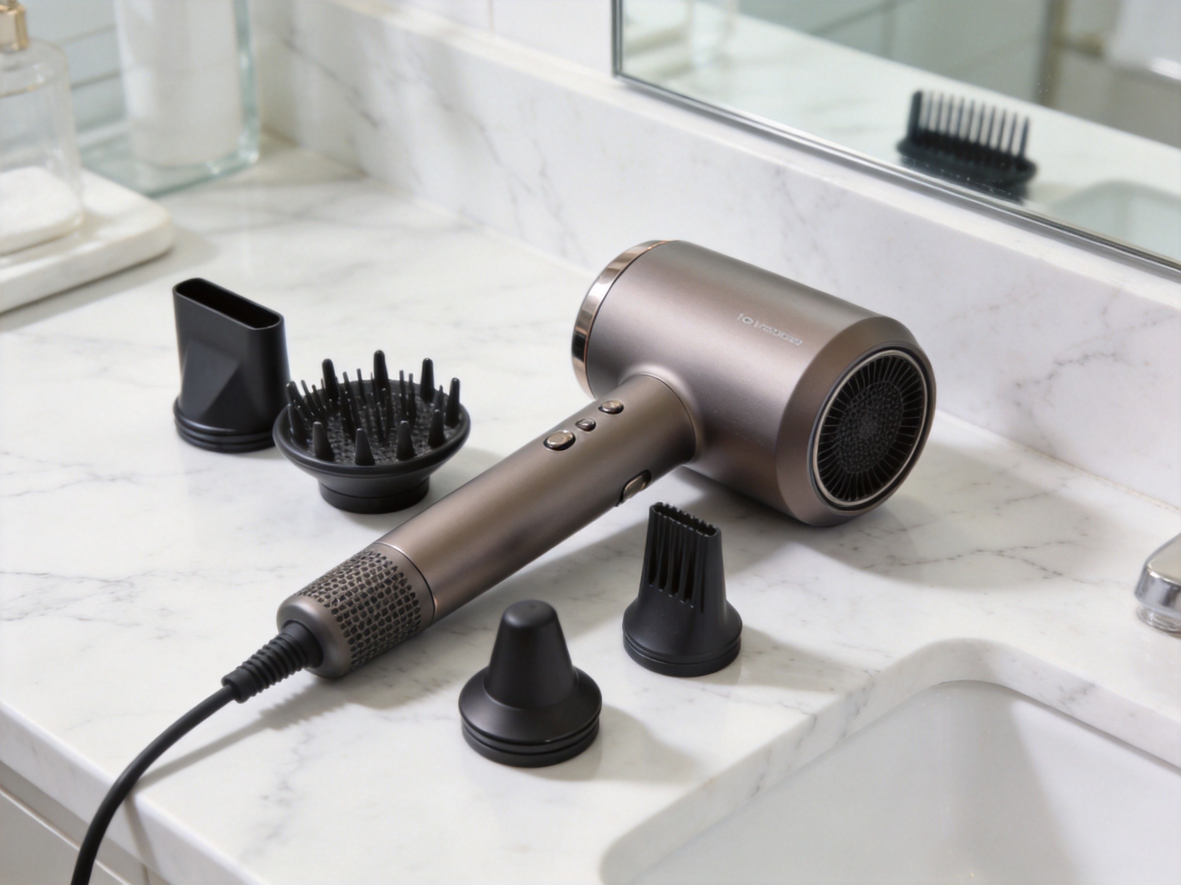 Modern hair dryers on vanity