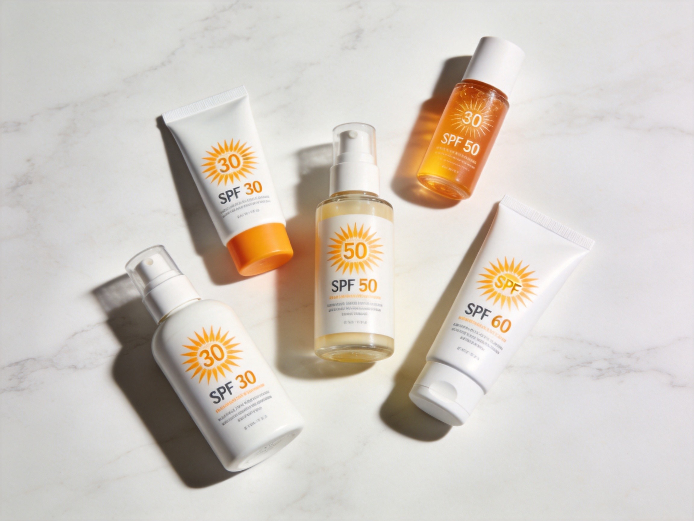 Face sunscreens on marble surface